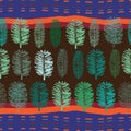 Forest at Sunset-Virgin Forest seamless Repeat Pattern illustration. Background in Green Blue and Orange