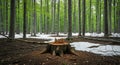 Forest with tall trees and a cut tree trunk in the foreground with remaining snow on the ground Royalty Free Stock Photo