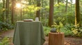 Forest tea ceremony setup, sunlit woods, zen Royalty Free Stock Photo