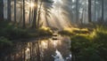 forest in thick dense fog with reflection of the sun\'s rays penetrating through foliage and puddles in the grass,