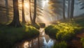 forest in thick dense fog with reflection of the sun\'s rays penetrating through foliage and puddles in the grass,