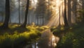 forest in thick dense fog with reflection of the sun\'s rays penetrating through foliage and puddles in the grass,