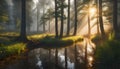 forest in thick dense fog with reflection of the sun\'s rays penetrating through foliage and puddles in the grass,