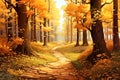 A forest trail covered in a carpet of golden leaves vector fall background Royalty Free Stock Photo