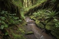 forest trail with trickling stream, leading to tranquil waterfall Royalty Free Stock Photo