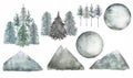 Forest tree Clipart set, Watercolor Woodland trees, moons and mountains illustration, Winter Foggy landscapes, Pine forest, Royalty Free Stock Photo