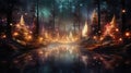 Magical fairy tale scenery, night in a forest with glowing lights Royalty Free Stock Photo