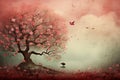 Forest tree with pink flowers autumn background with empty copy space Royalty Free Stock Photo