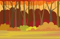 Forest trees illustration. Glade. Dense wild plants with tall, branched trunks. Autumn orange landscape. Flat design Royalty Free Stock Photo