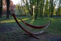 Fabric hammock net in designer hanging shape half moon crescent in park at sunrise springtime green leaves forest and red seduces Royalty Free Stock Photo