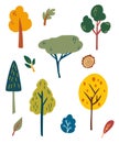 Forest trees set. Cartoon woodland plants, tree stumps, bush, grass, leaves. Botanical garden. Green nature flat elements. Cartoon