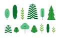 Forest trees set. Green plants, natural botanical floral elements collection. Fir conifer and leaf vegetations in modern Royalty Free Stock Photo