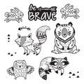 Forest tribal animals vector set. Black and white illustration Royalty Free Stock Photo