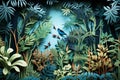 Forest and tropical jungle background with birds and plants in papercut style. Generative ai