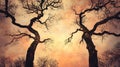 Forest, twilight, bare trees, sky, dramatic, mystical, background, artwork Royalty Free Stock Photo