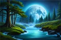 forest under the full moon, with water element.