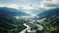 The forest in the valley has a river flowing through and the fog