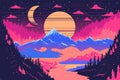 Forest vintage night mountains landscape, 90s , 80`s neon colors