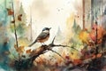 forest watercolor scene with bird perched on branch