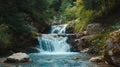 Cascading Waterfall in Dense Green Forest, Flowing River, Natural Landscape Royalty Free Stock Photo