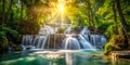 Forest waterfall with natural sunlight rays Royalty Free Stock Photo