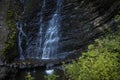 Forest waterfall water fuzzy motion rock cascade scenic view outdoor environment and green foliage foreground