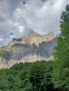 Forest and waterfalls below Corne de Chamois - Mountain of Vallee du Cirque du Fer Ã  Cheval - Haute Savoie - France Royalty Free Stock Photo