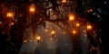 A forest where trees have roots from light tides, and lanterns hang among the branches.Generative AI