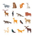 Forest wild animals and birds cartoon vector set isolated. Flat deer, bear, rabbit, squirrel, wolf, fox, raccoon, owl