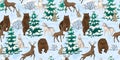 Forest wild animals in the winter snowy forest. Wolf, bear, deer and hare walk in snow trees. Design background textile Royalty Free Stock Photo