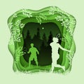 Forest wilderness landscape. Silhouettes of resting people. Badminton players. Abstract 3D background. Paper cut shapes