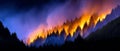 Forest wildfire burning through mountain pine trees with flames and smoke representing climate change environmental Royalty Free Stock Photo