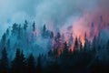 Forest wildfire burning at night, emitting smoke and orange glow, causing destruction and disaster Royalty Free Stock Photo