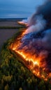 Forest Wildfire Burning Trees at Night, Aerial View of Environmental Disaster with Smoke Royalty Free Stock Photo