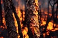 Forest wildfire dangerous natural disaster background. Wild fire flame blazing causing wilderness destruction, ecology