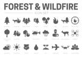 Forest & Wildfire Icon Set with Fire, Pine, Cabin, Wildlife, Helicopter, Rain, Weather, Firefighter, Wild Animal, Drone, Water,
