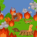 Forest wildfire with rodents, vector illustration. natural disaster, ecology problem and hot dry weather. cartoon