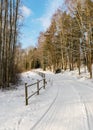 Forest in winter after heavy snowfall. Winter landscape, a day in a winter forest with freshly fallen snow, a country road with a Royalty Free Stock Photo