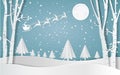 Merry christmas,Snow forest. pines in winter and mountain Paper vector Illustration