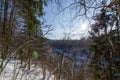 Forest in winter in the snow. river in the winter forest Royalty Free Stock Photo