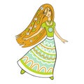 Forest woman dancing in a long dress, isolated vector. Beautiful image of nature. Hippie girl