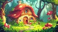 Forest wonderland with gnomes or elves living in a small wooden house with mushrooms. Cartoon summer modern illustration Royalty Free Stock Photo