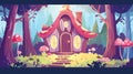 Forest wonderland with magic tiny wooden house for gnomes or elves with mushrooms. Cartoon summer modern illustration of Royalty Free Stock Photo