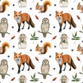 Forest woodland animals watercolor seamless pattern with cute red fox, bunny rabbit, owl and squirrel Royalty Free Stock Photo