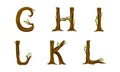 Forest woody alphabet. G,H,I,J,K,L letters made of bent tree branches vector illustration