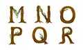 Forest woody alphabet. M,N,O,P,Q,R letters made of bent tree branches vector illustration