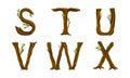 Forest woody alphabet. S,T,U,V,W,X letters made of bent tree branches vector illustration