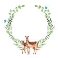 Forest wreath of green branches and leaves with couple deers