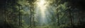 Forest's dawn ballet: sunbeams and morning mist in a tranquil green setting banner