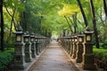 forested museum garden walkway marked by a series of stone lanterns